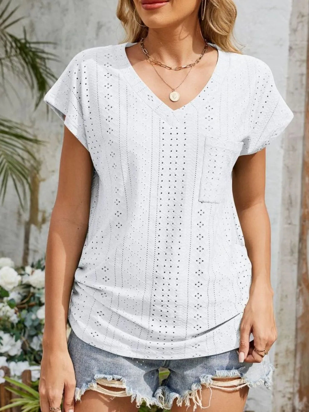 Eyelet V-neck Short Sleeve Top (16)