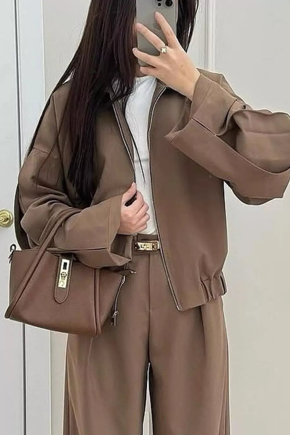 Zip-up Jacket Wide-leg Pants Set (2)