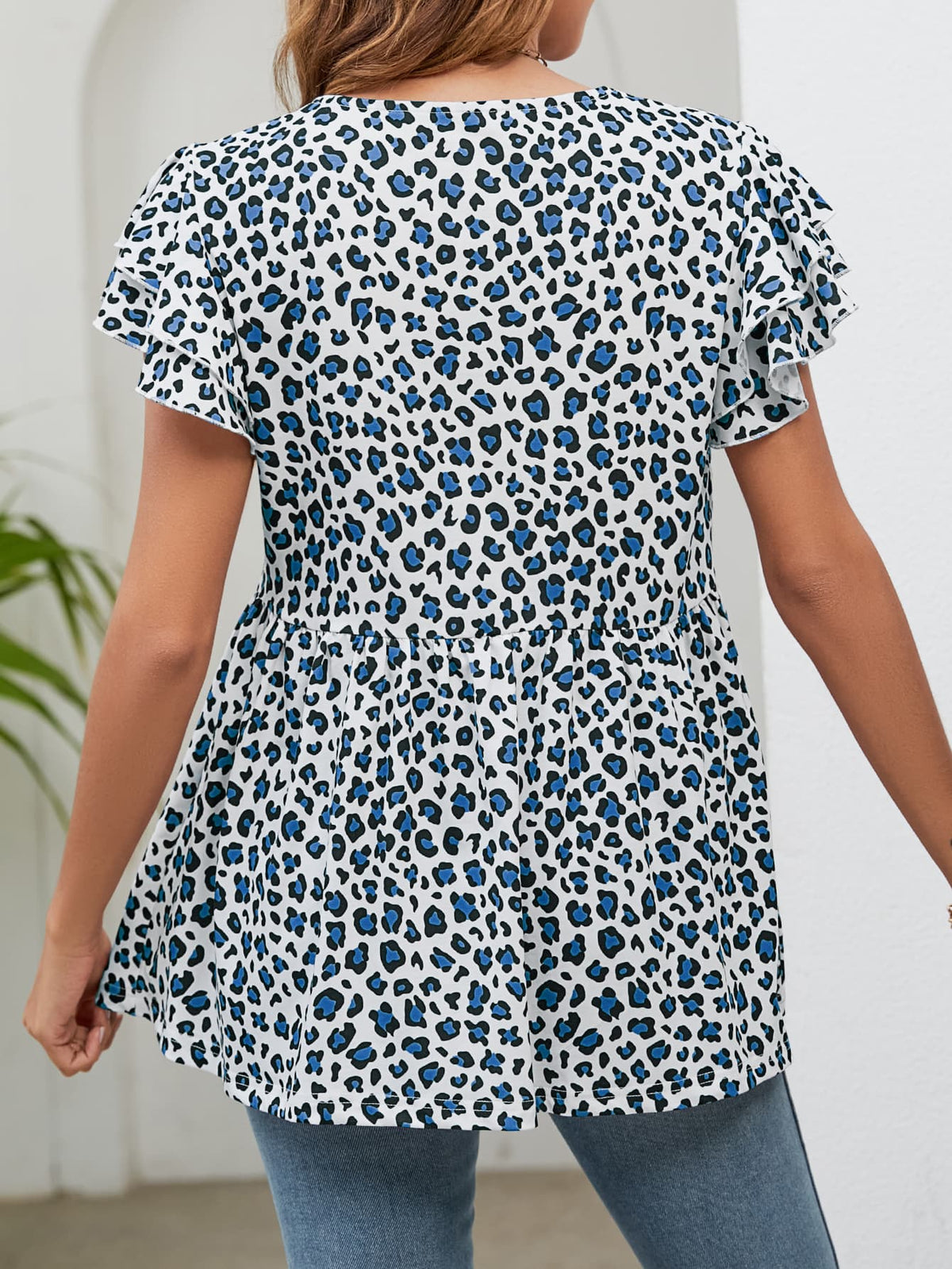 Leopard Round Neck Flutter Sleeve Babydoll Blouse (9)