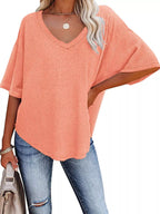 Waffle Knit V-neck Short Sleeve T-shirt (11)