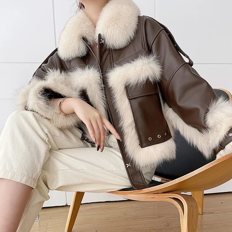 Sense Fox Fur Stitching Leather Coat photo 1