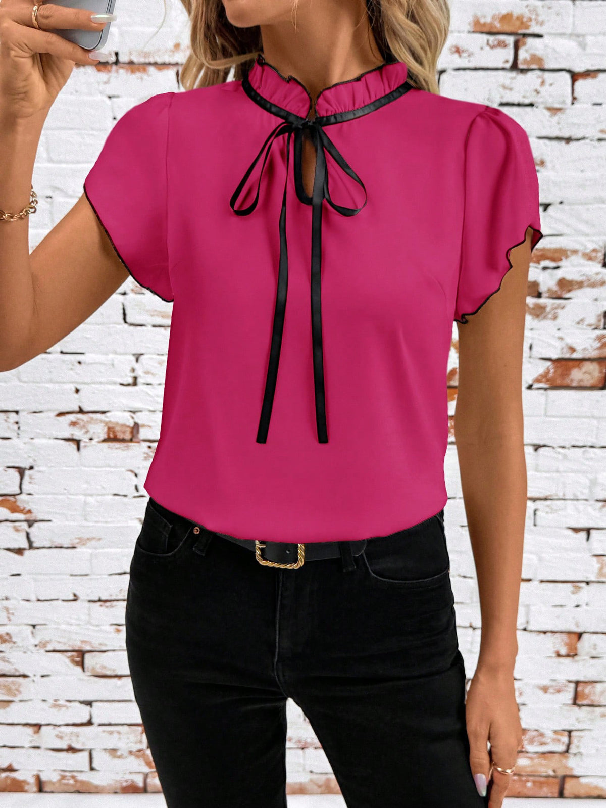 Tie Neck Short Sleeve Blouse (24)