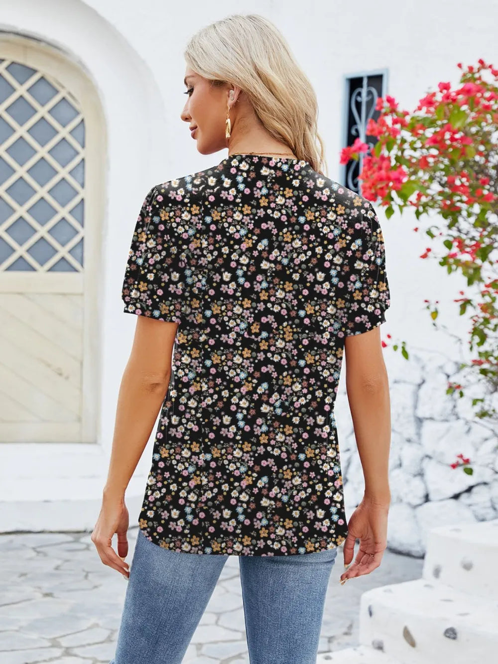 Ruched Printed Notched Short Sleeve Blouse (29)