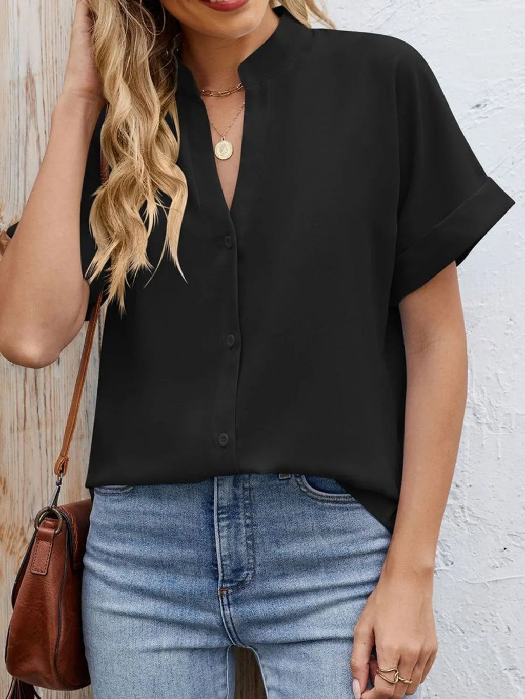 Notched Short Sleeve Blouse (21)