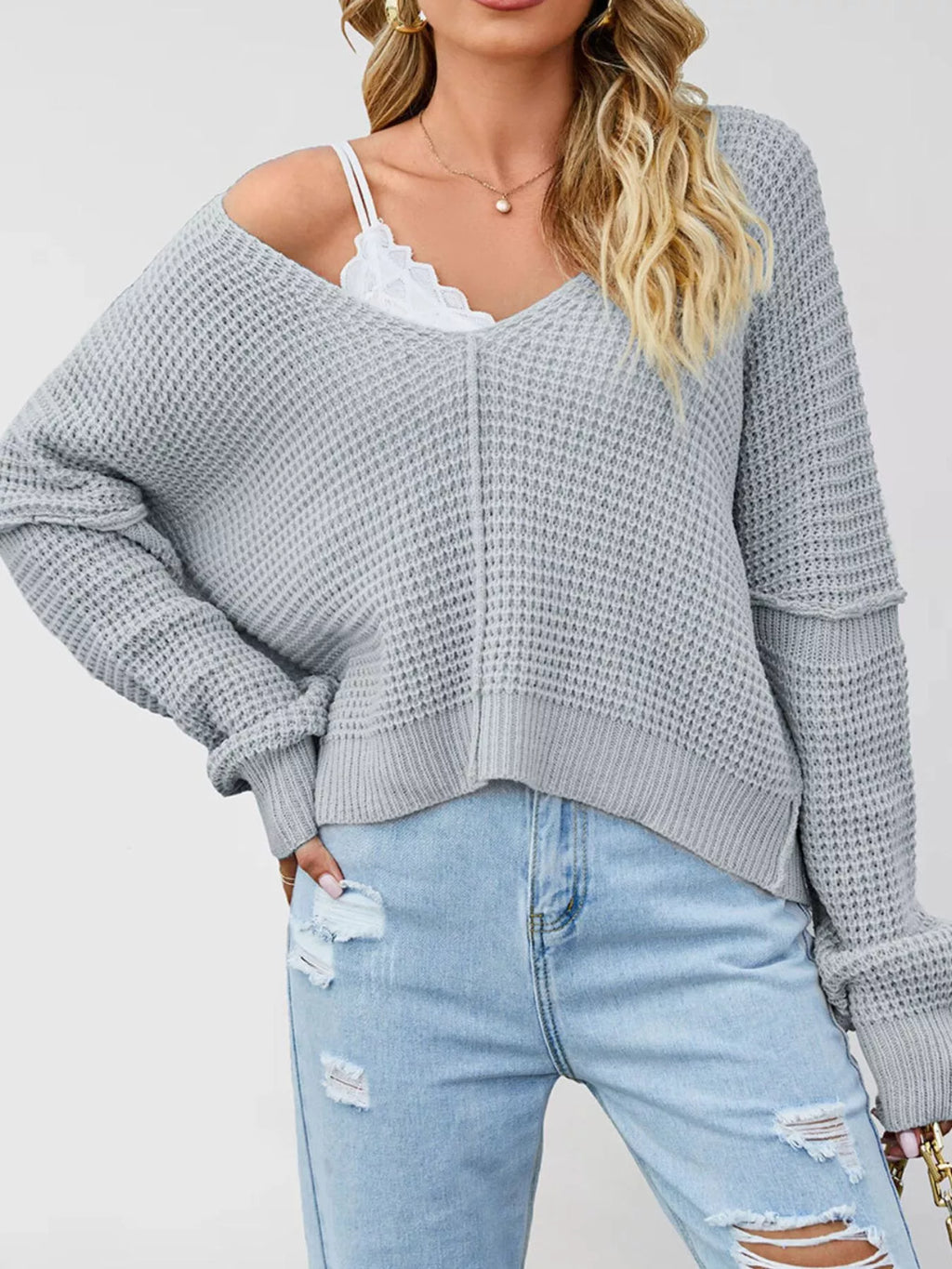 Waffle Knit Dropped Shoulder Sweater (2)