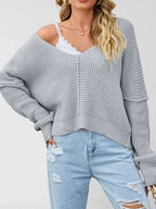 Waffle Knit Dropped Shoulder Sweater (2)