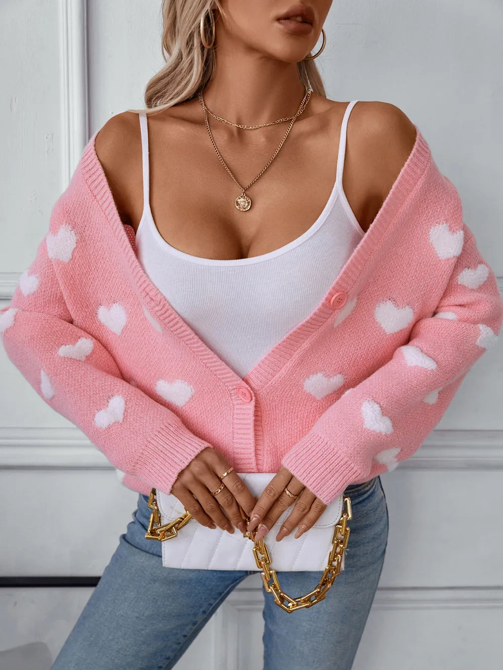 Heart V-neck Button Up Long Sleeve Cardigan (2)