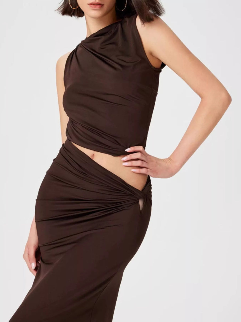 Asymmetrical Ruched Knit Top Skirt Set (4)