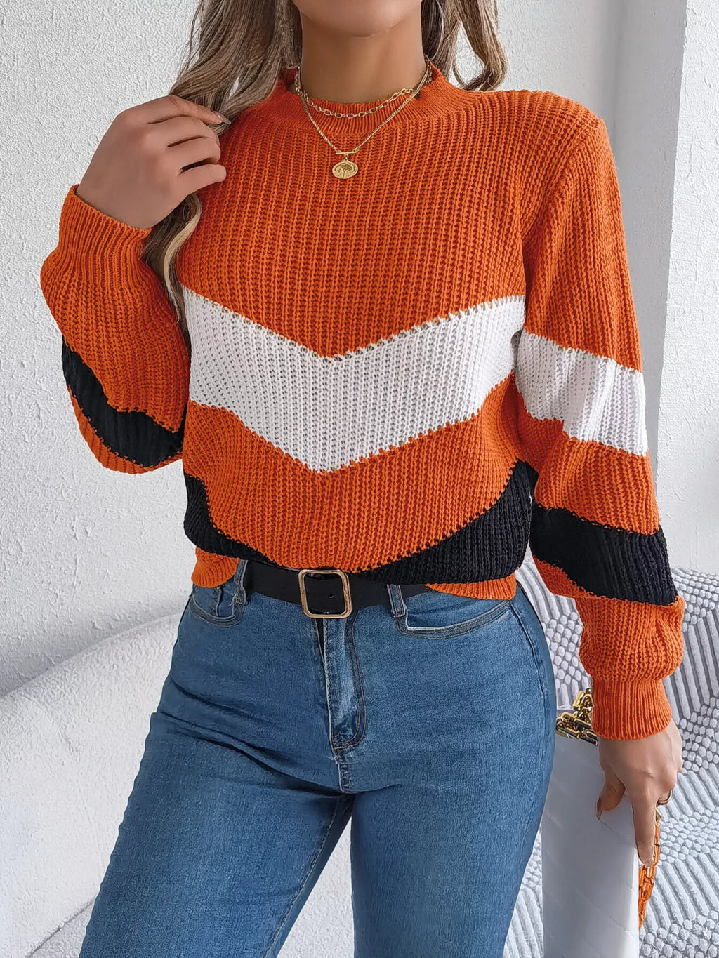 Chevron Stripe Block Round Neck Sweater (5)