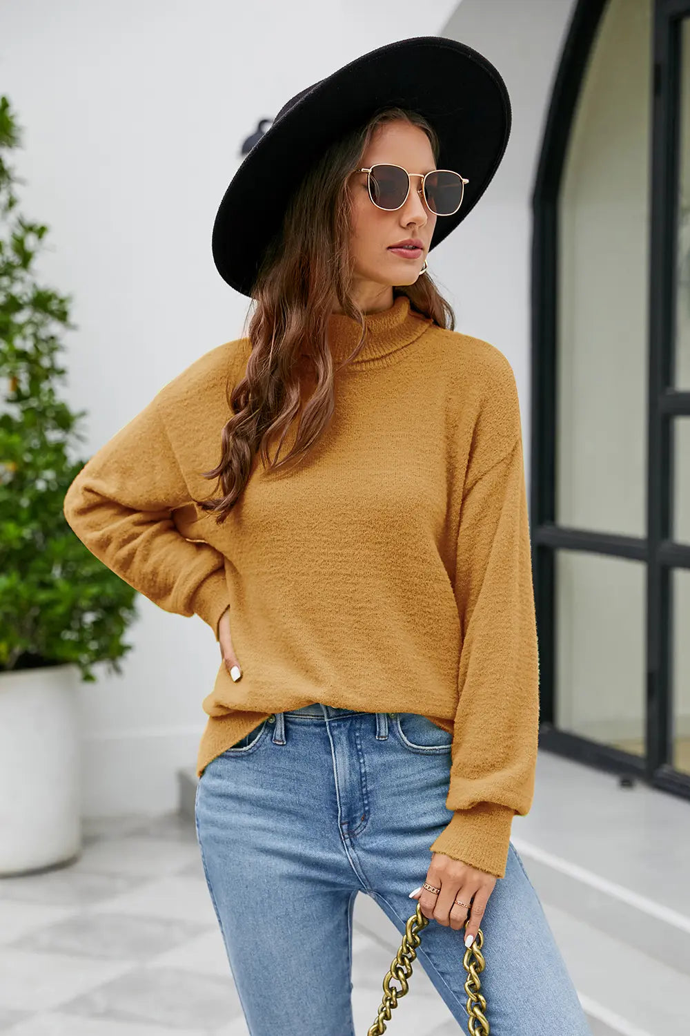 Mock Neck Dropped Shoulder Long Sleeve Sweater (9)