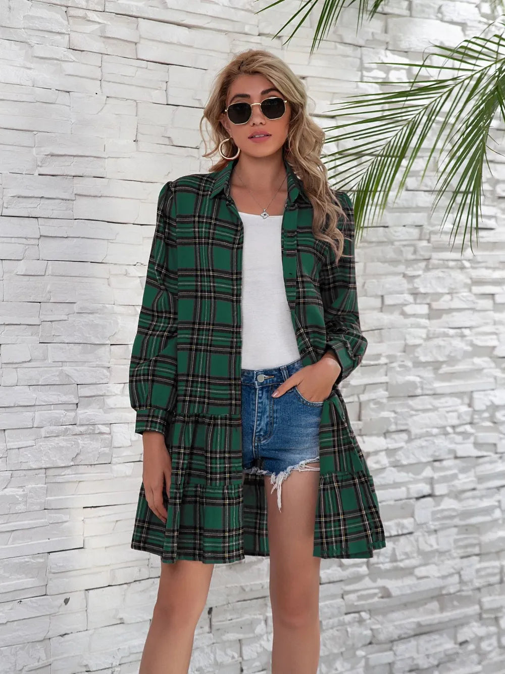 Ruffle Hem Plaid Button Down Long Sleeve Dress (15)