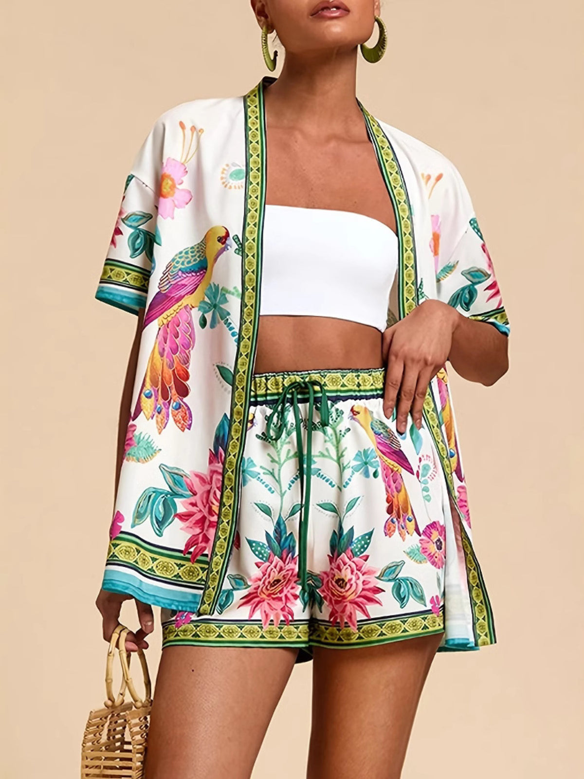 Printed Open Front Cardigan Shorts Set (4)