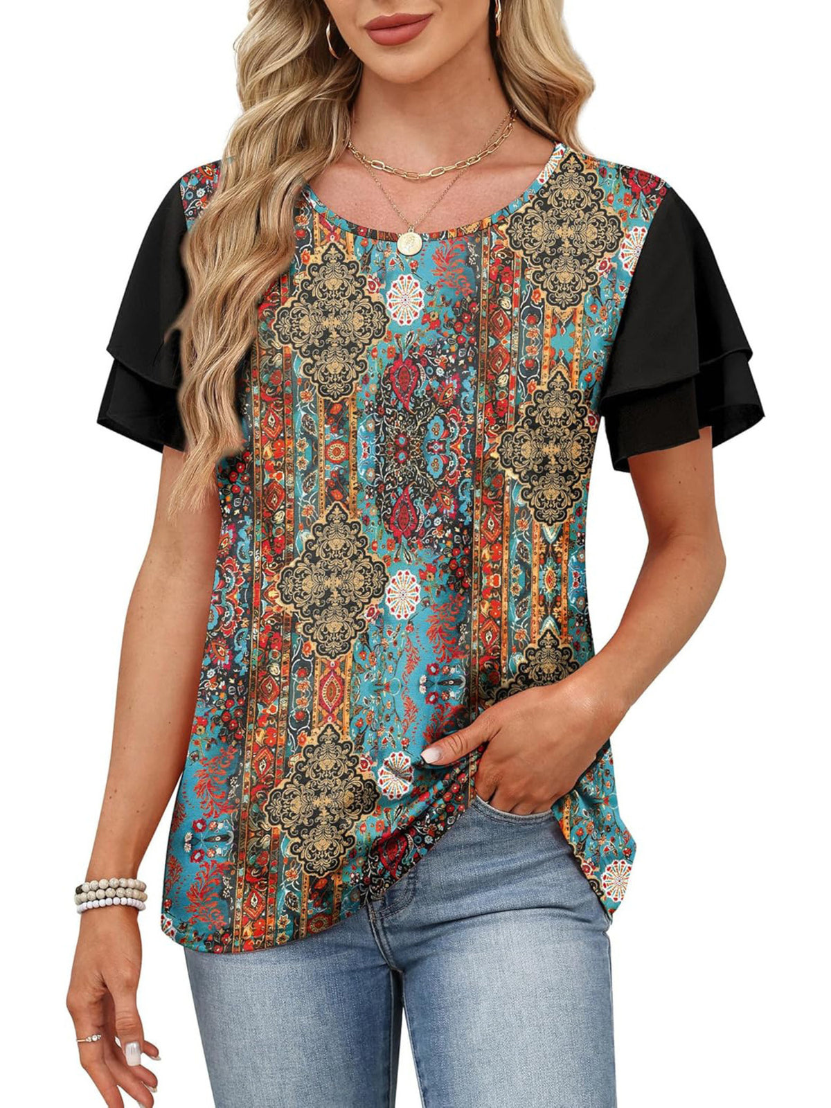 Layered Short Sleeve Round Neck T-shirt (30)