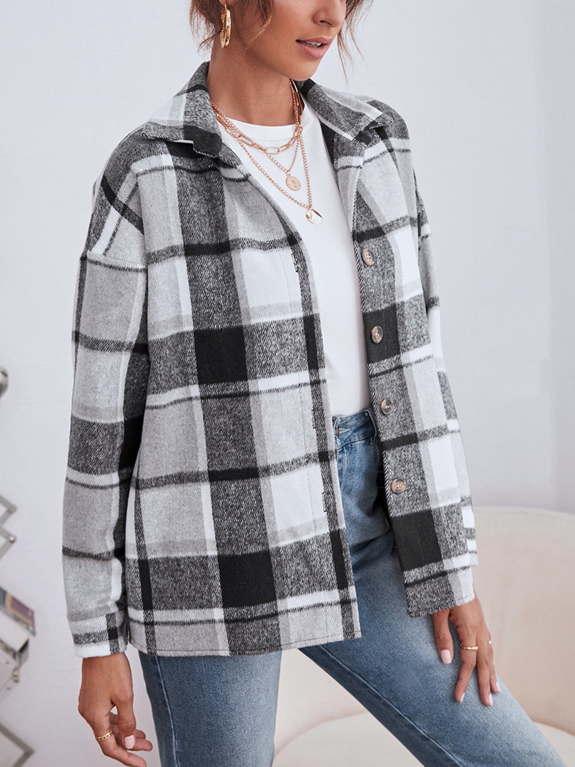 Plaid Collared Neck Button Down Jacket (11)