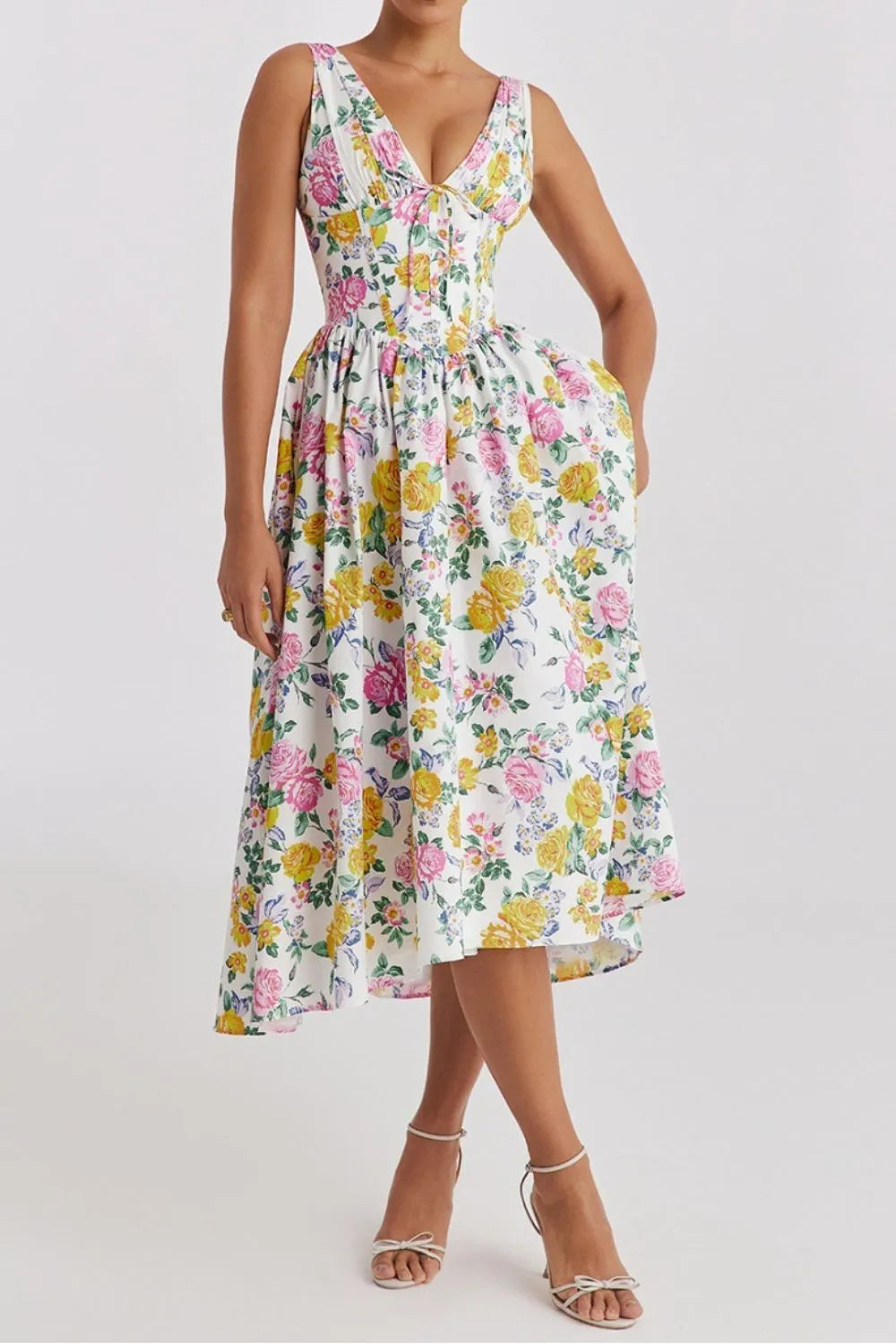 Floral V-neck Sleeveless Midi Dress Pockets (2)