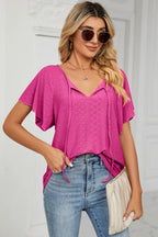 Eyelet Tie Neck Flutter Sleeve Blouse (19)