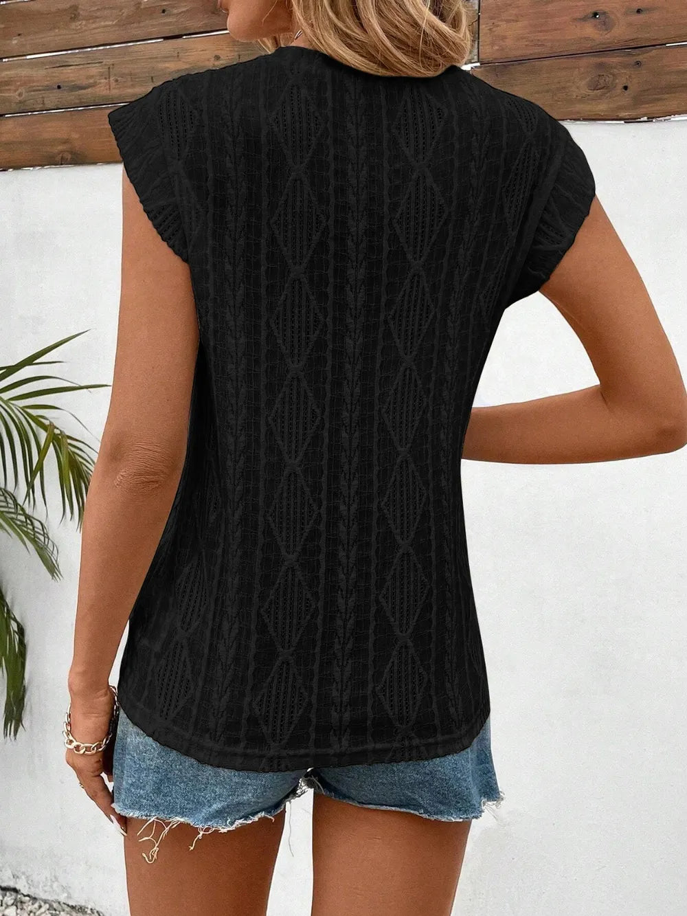 Eyelet Round Neck Cap Sleeve Top (12)