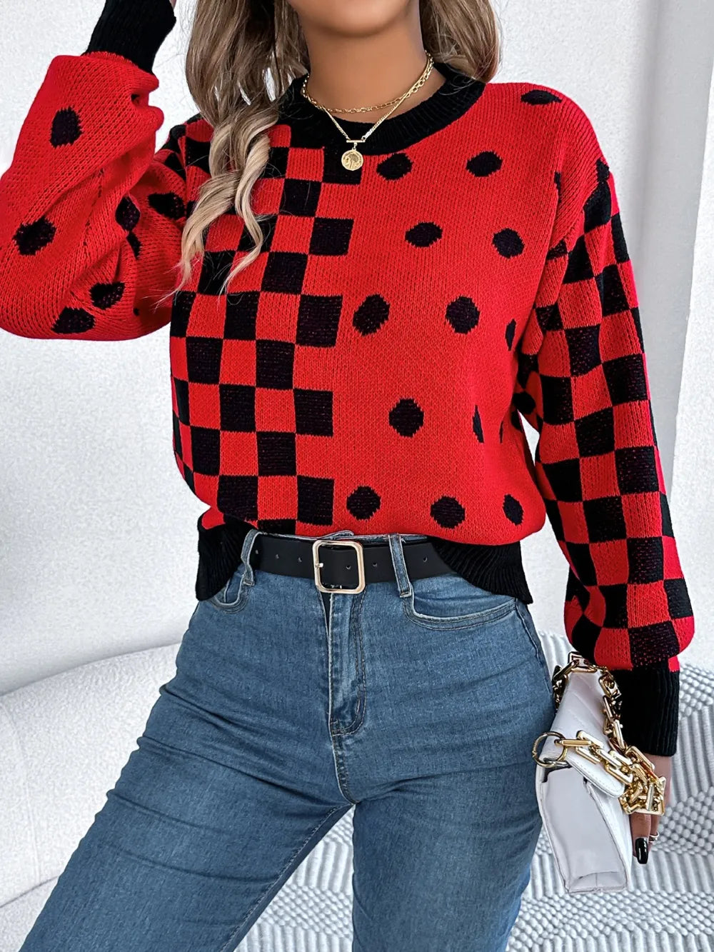 Plaid Round Neck Long Sleeve Sweater (11)