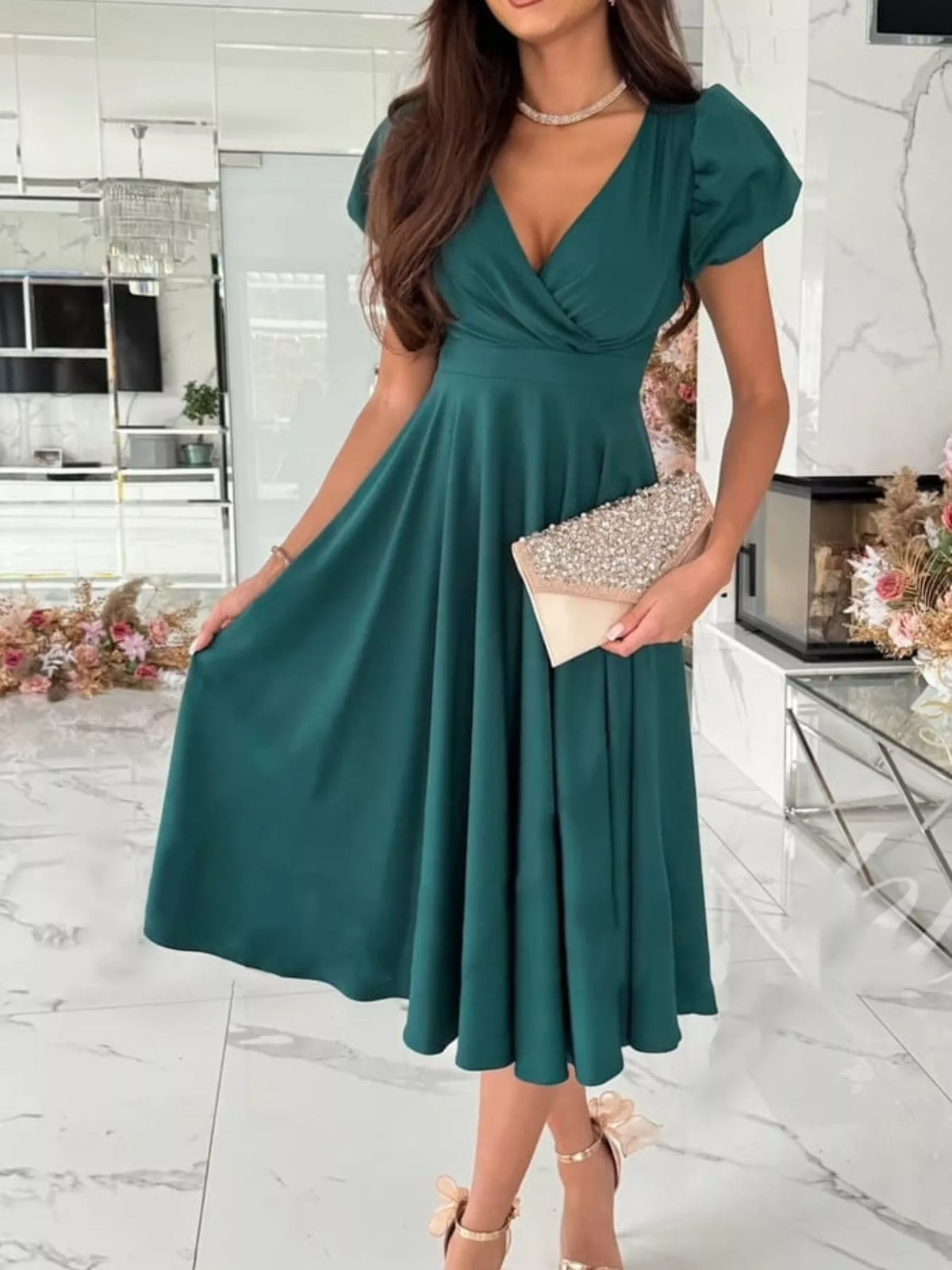 Surplice Puff Sleeve Midi Dress (7)