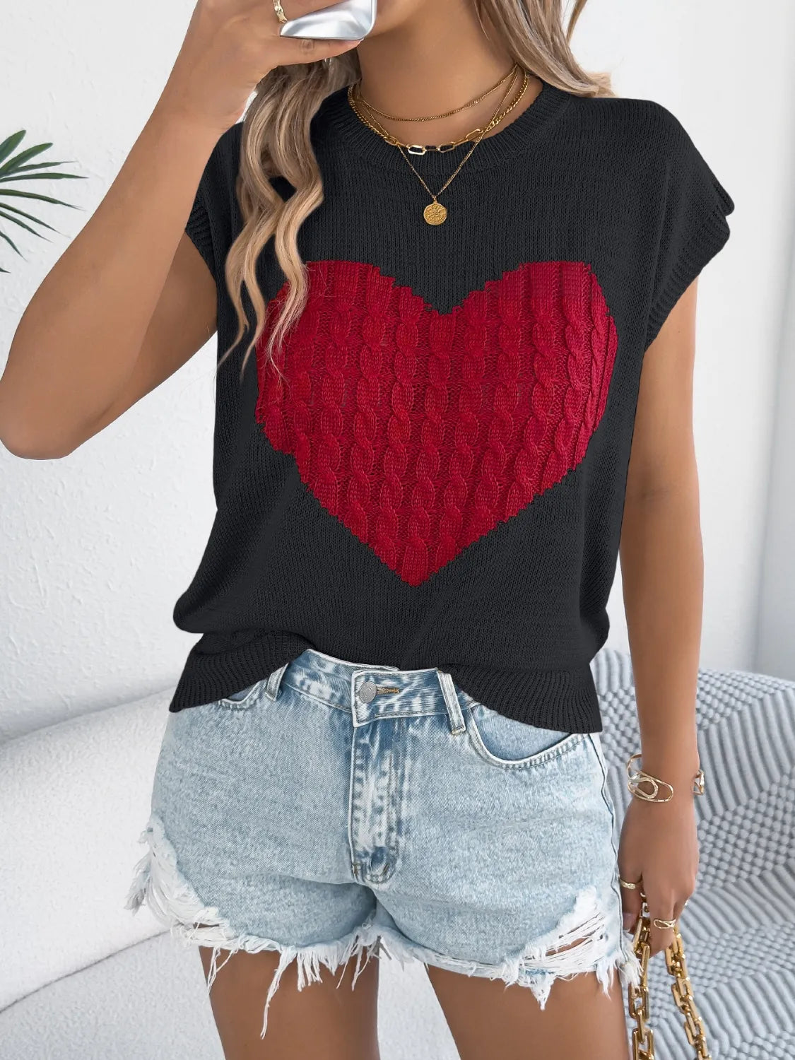 Cable Knit Heart Round Neck Cap Sleeve Top (15)
