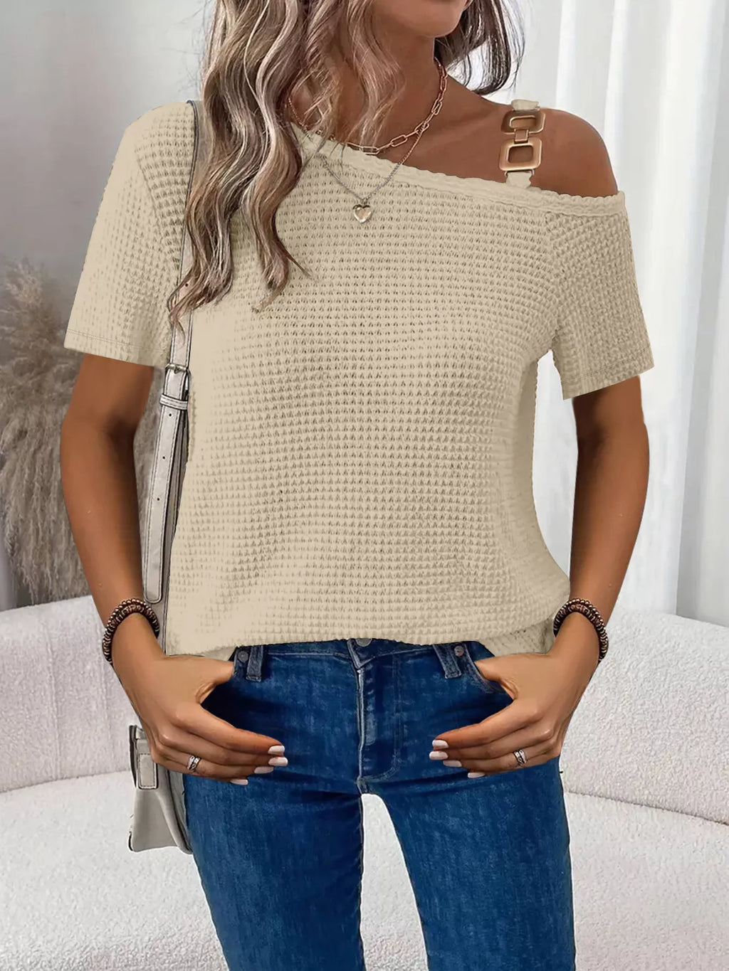 One-shoulder Chain Detail Waffle Knit T-shirt