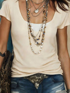 Faux Layered Scoop Neck Short Sleeve T-shirt (2)
