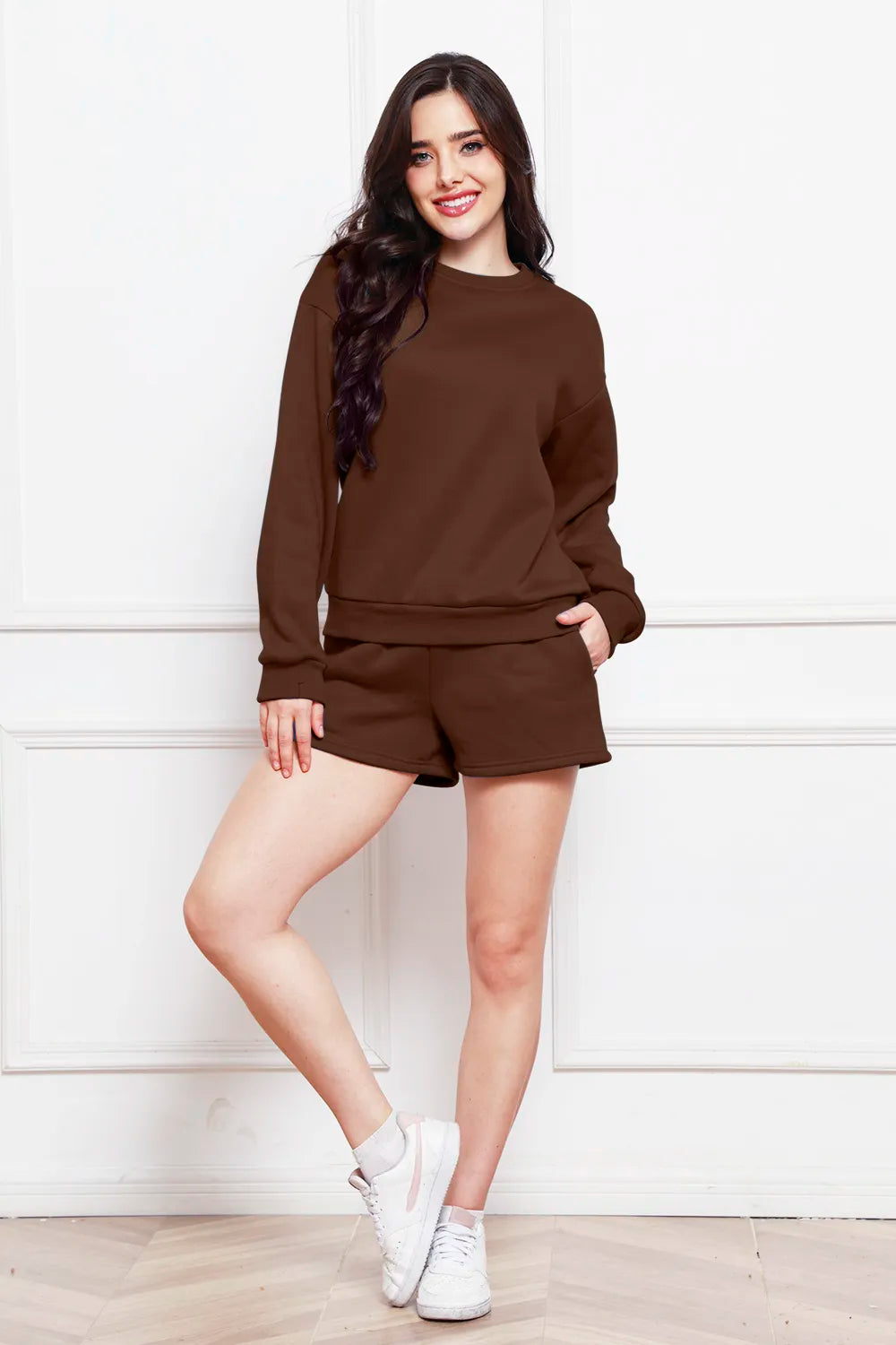 Round Neck Long Sleeve Sweatshirt Drawstring Shorts Set (2)