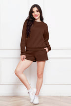 Round Neck Long Sleeve Sweatshirt Drawstring Shorts Set (2)