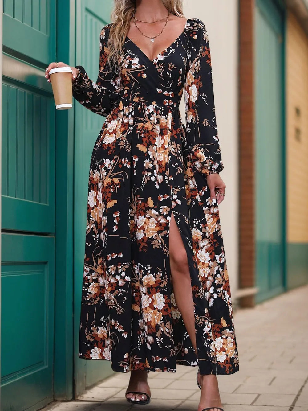 Slit Printed Surplice Long Sleeve Maxi Dress (3)