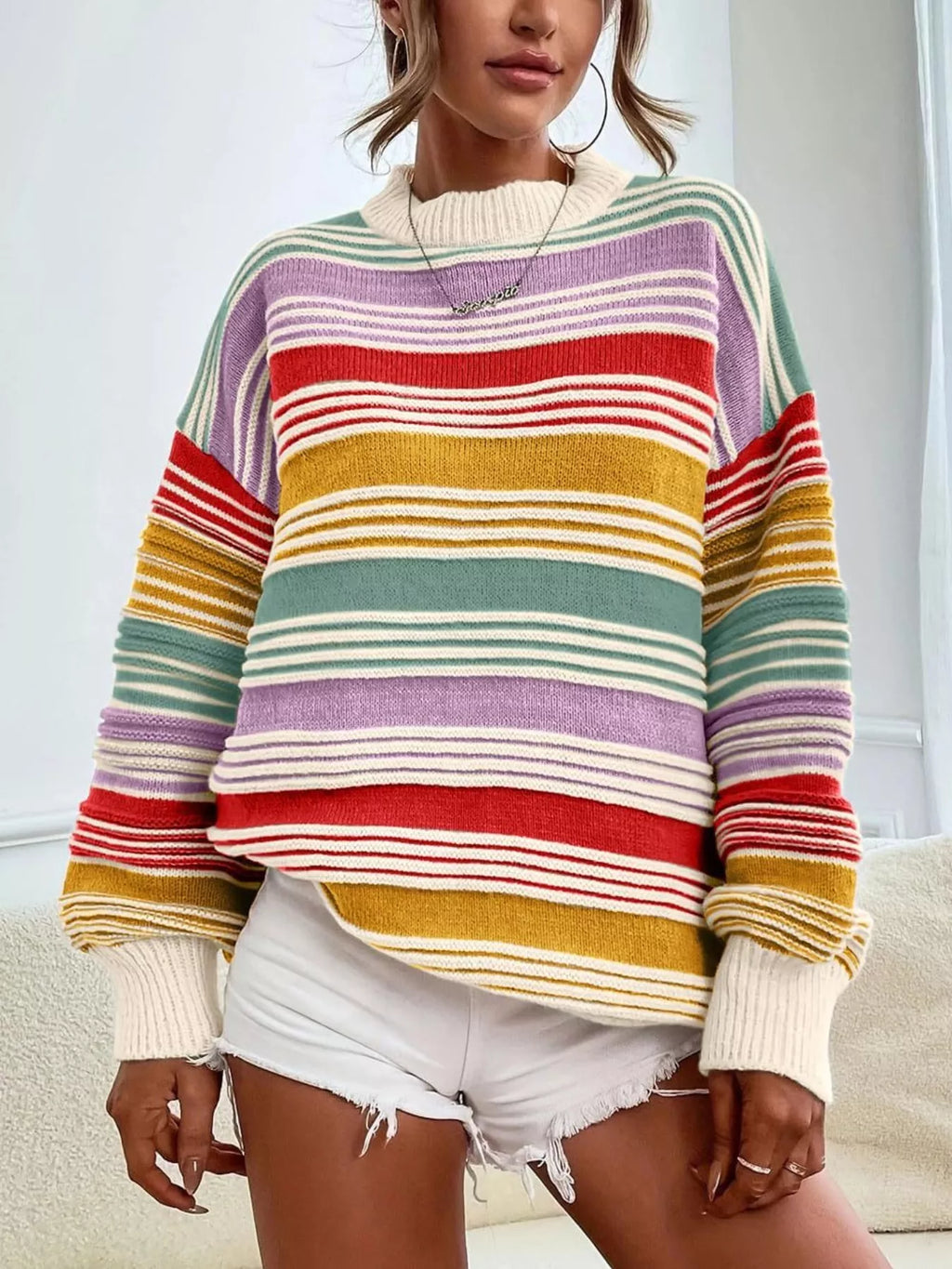 Rainbow Striped Drop Shoulder Oversized Sweater (10)