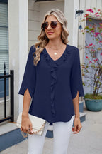 Ruffled V-neck Three-quarter Sleeve Blouse (16)
