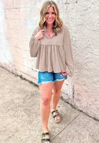 Corded Johnny Collar Long Sleeve Babydoll Blouse (20)
