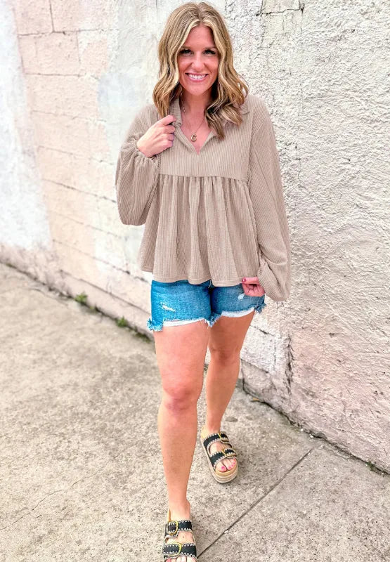 Corded Johnny Collar Long Sleeve Babydoll Blouse (20)