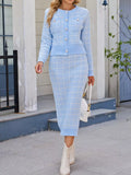 Plaid Knit Cardigan Midi Skirt Sweater Set