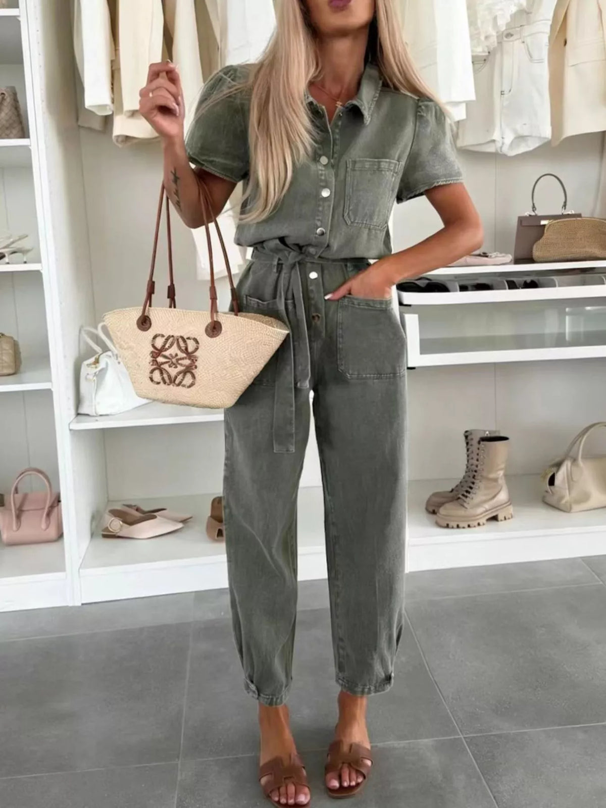 Vintage Wash Short Sleeve Denim Jumpsuit (9)