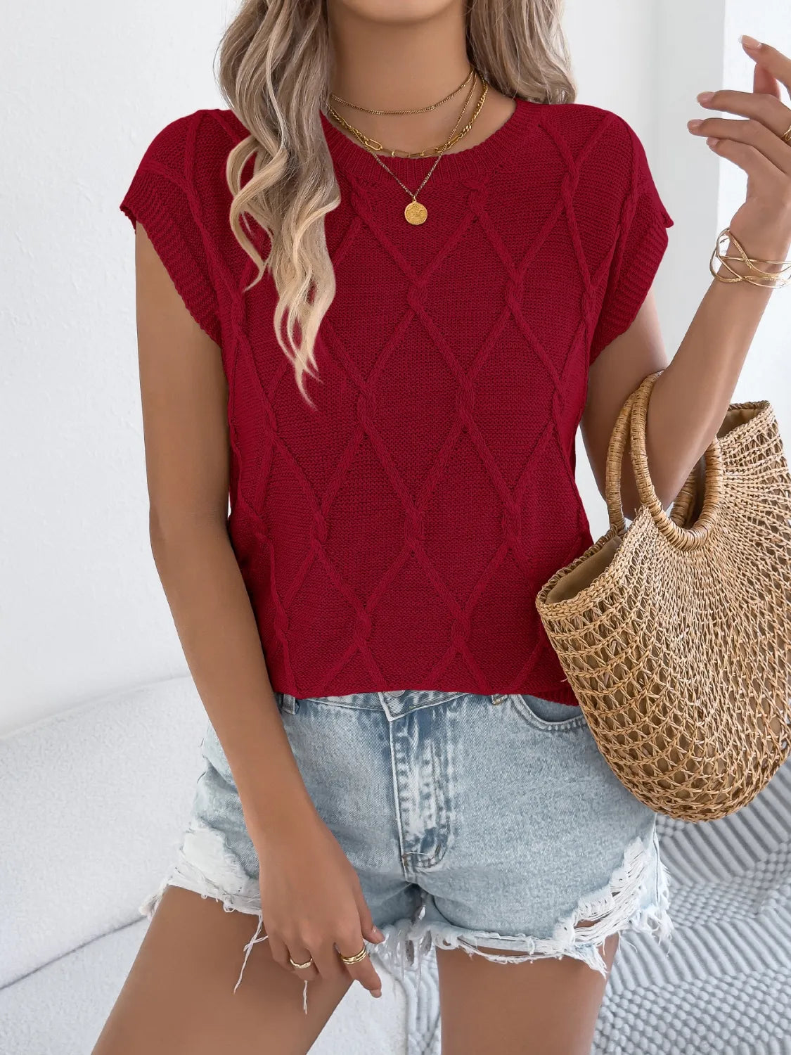 Round Neck Cap Sleeve Knit Top (3)