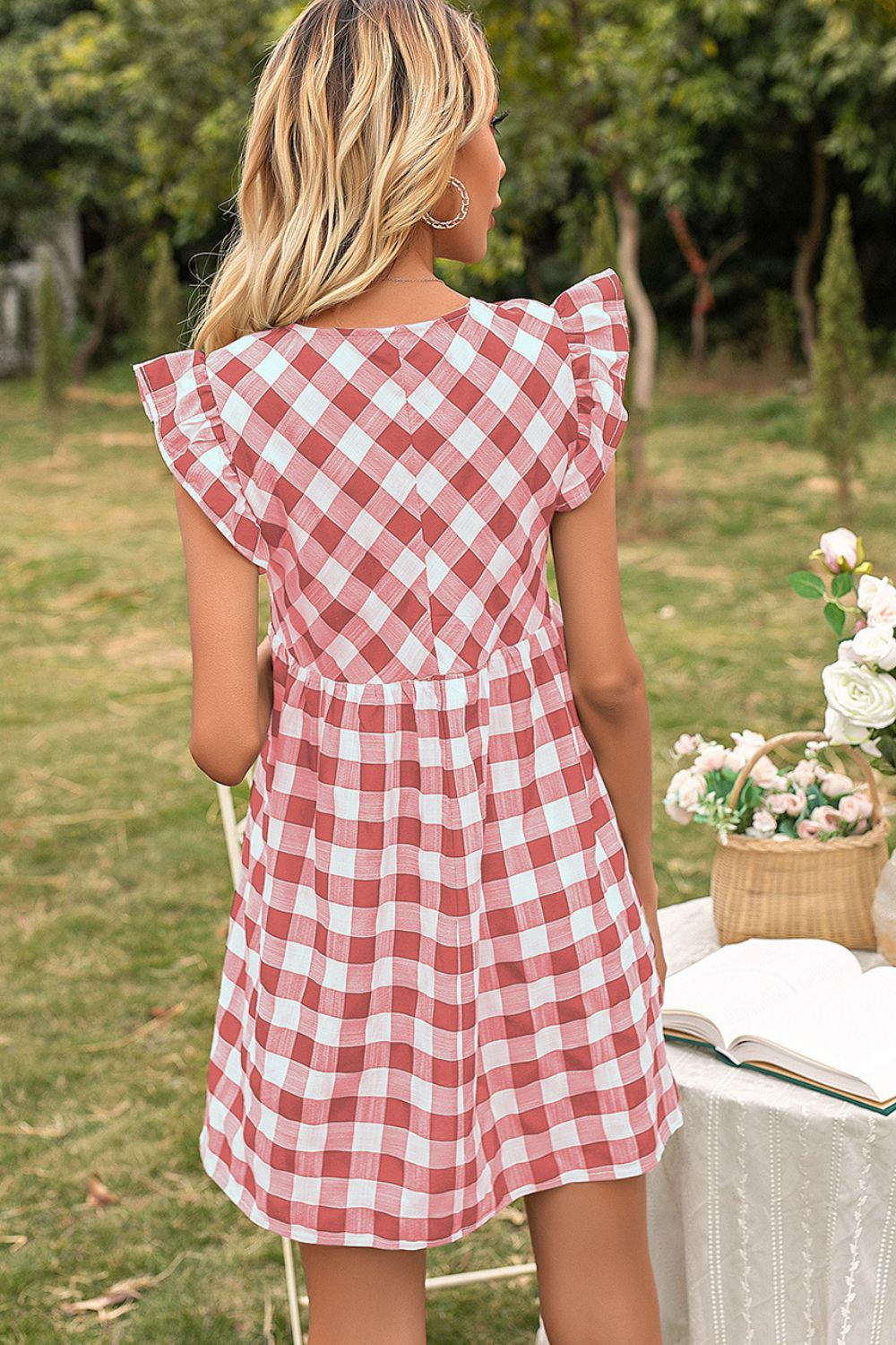 Plaid Butterfly Sleeve Deep V Dress (9)