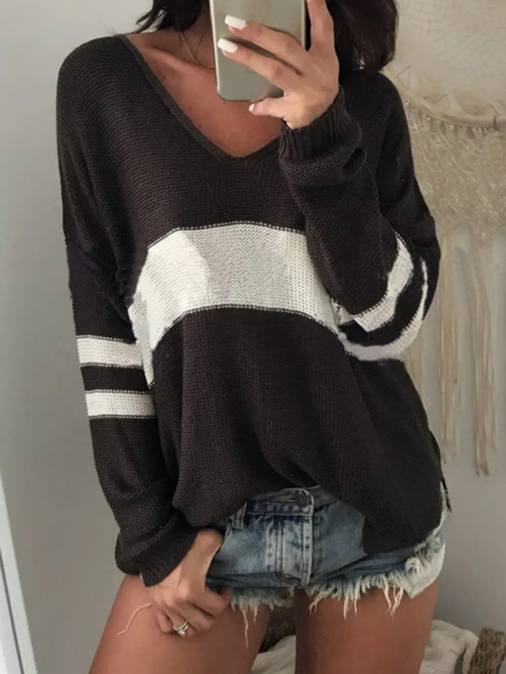 Striped V-neck Long Sleeve Sweater