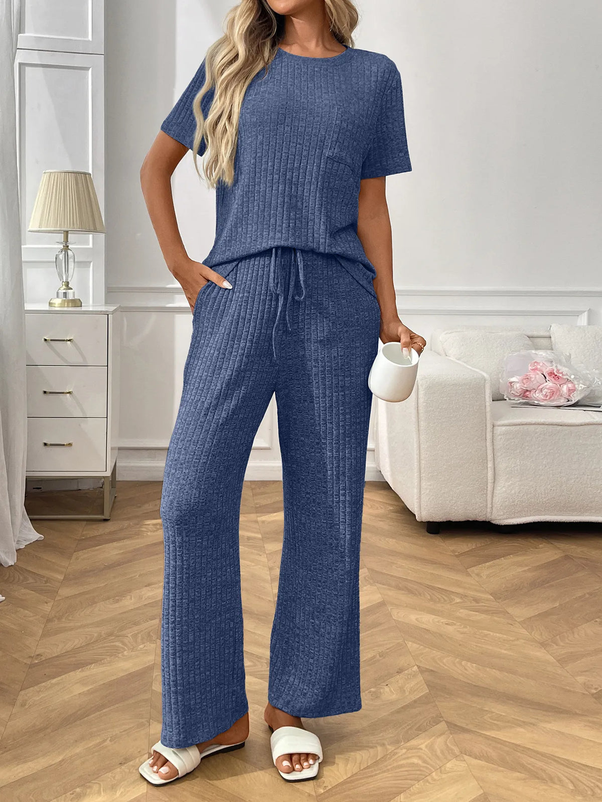 Ribbed Knit Short Sleeve Top Pants Lounge Set (16)