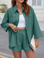 Button Up Long Sleeve Top Shorts Set (15)