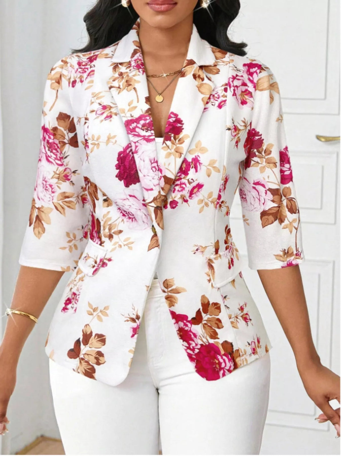 Floral Print One Button Casual Blazer (10)