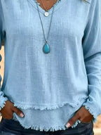 V-neck Frayed Hem Long Sleeve T-shirt (12)
