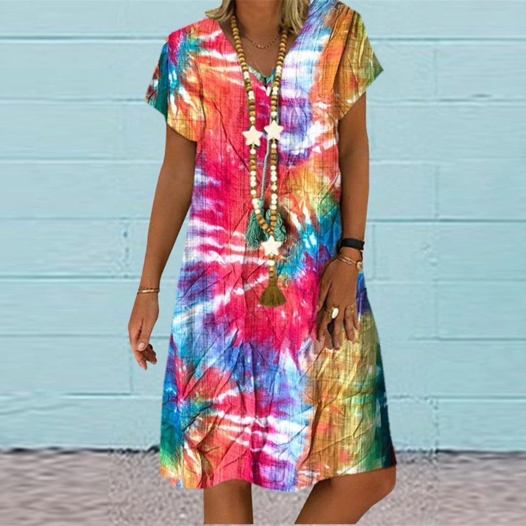 Printed V-neck Dress variant CJNSSYLY08029-Red-XXL|CJNSSYLY08029-Red-L|CJNSSYLY08029-Red-XL|CJNSSYLY08029-Red-5XL|CJNSSYLY08029-Red-4XL|CJNSSYLY08029-Red-M|CJNSSYLY08029-Red-S|CJNSSYLY08029-Red-3XL
