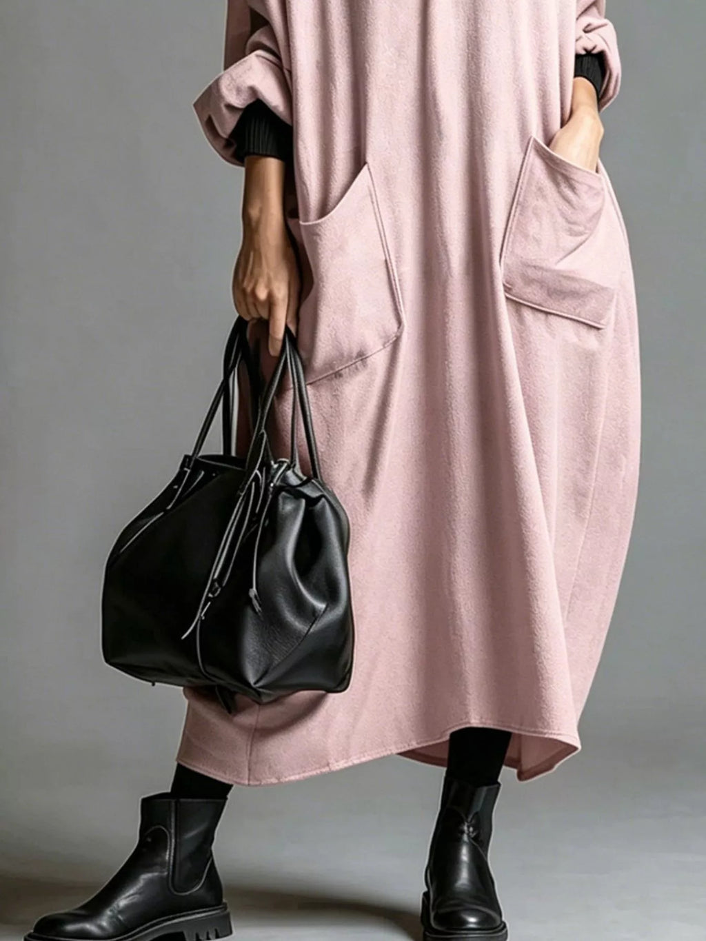 Full Size Loose-fit Mock Neck Midi Dress Pockets Plus (31)
