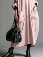 Full Size Loose-fit Mock Neck Midi Dress Pockets Plus (31)
