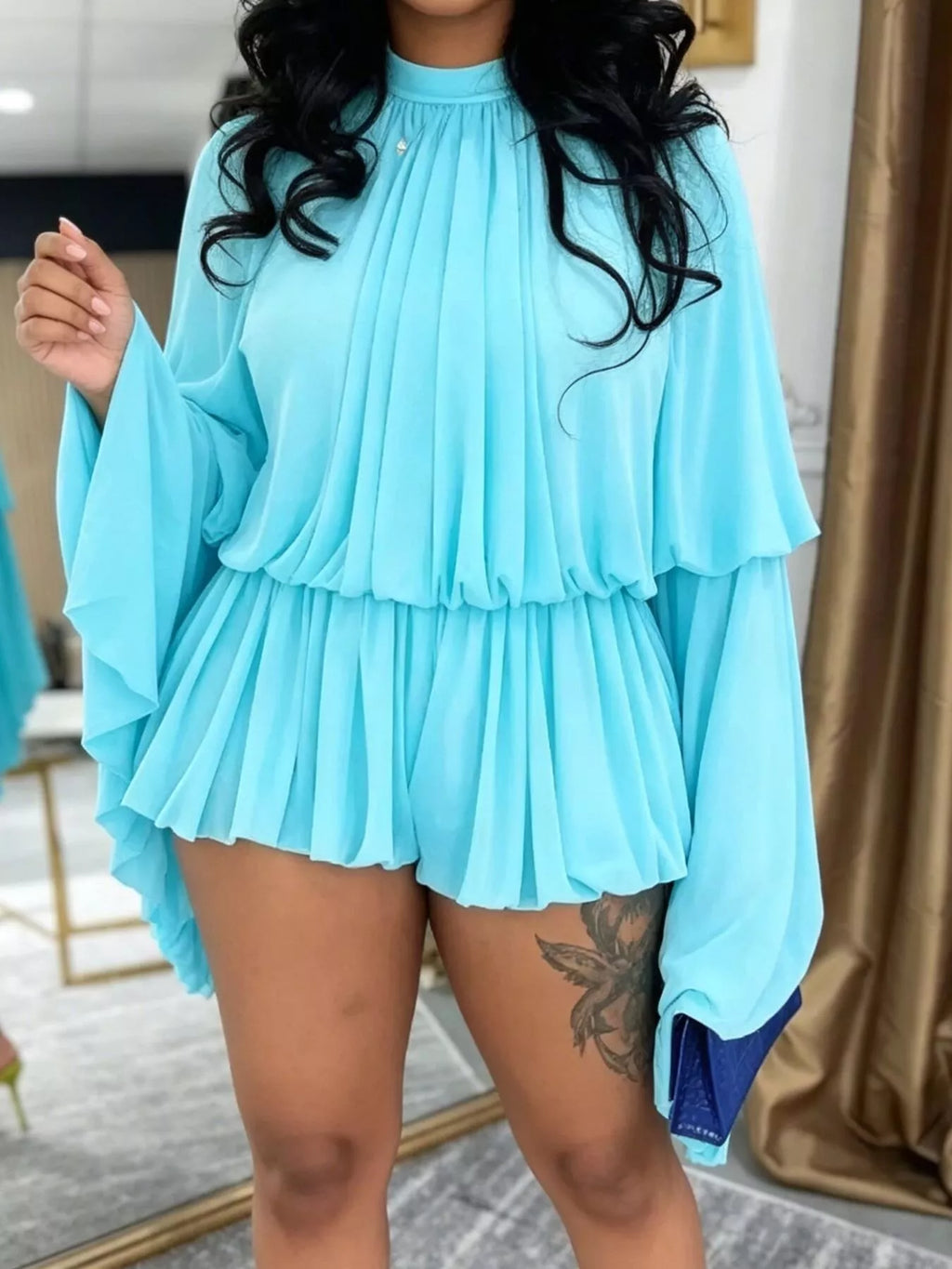 Pleated Long Sleeve Top Skirt Set
