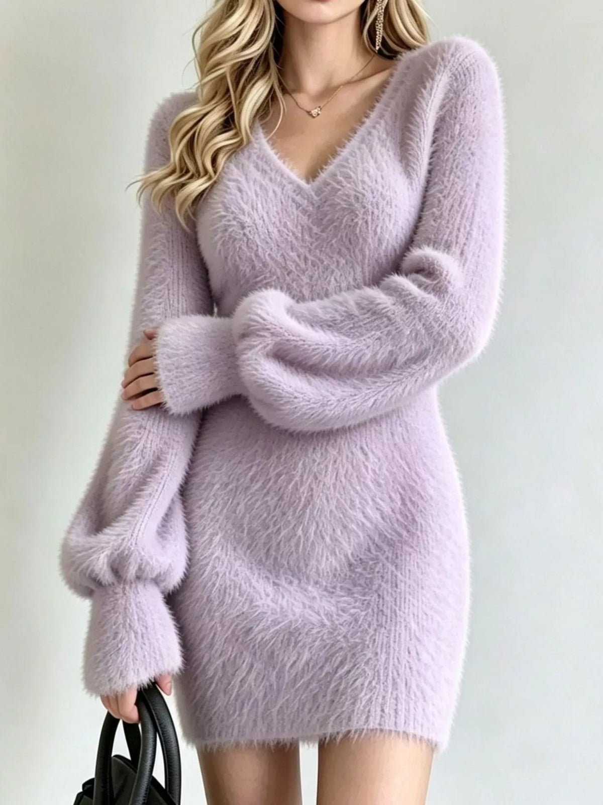 V-neck Fuzzy Knit Sweater Dress (5)