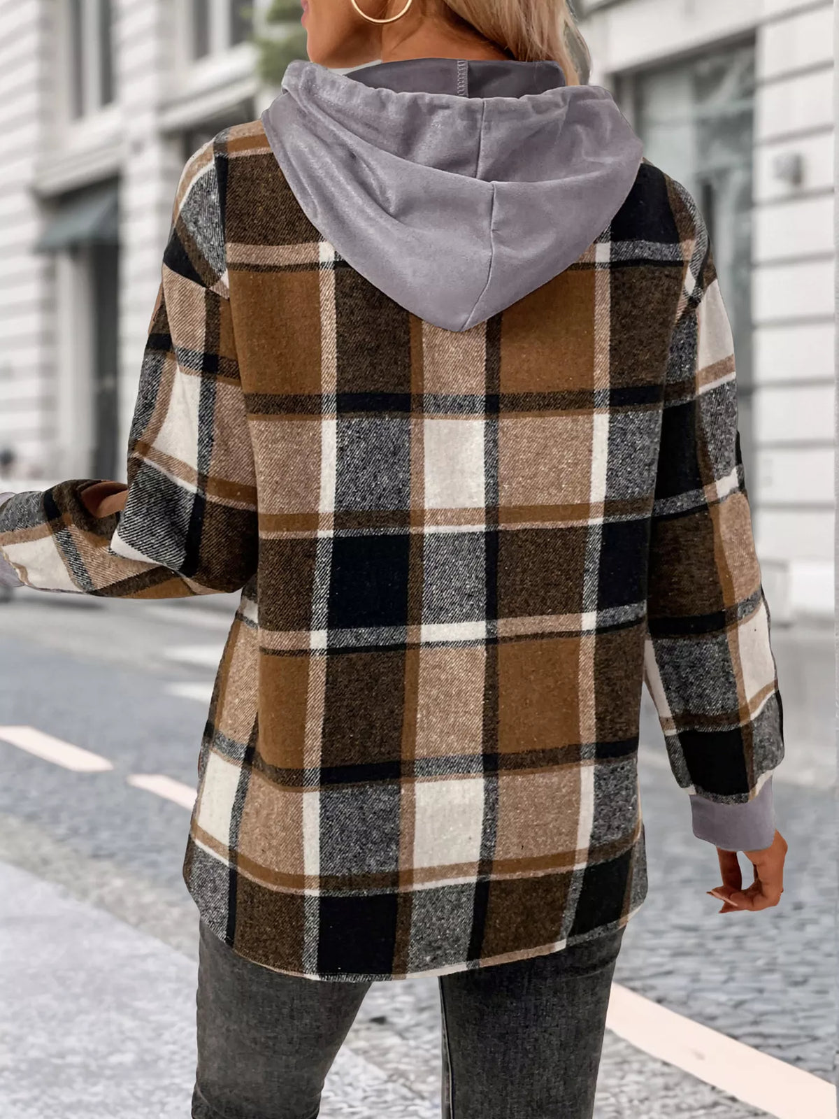 Plaid Drawstring Long Sleeve Hoodie (14)