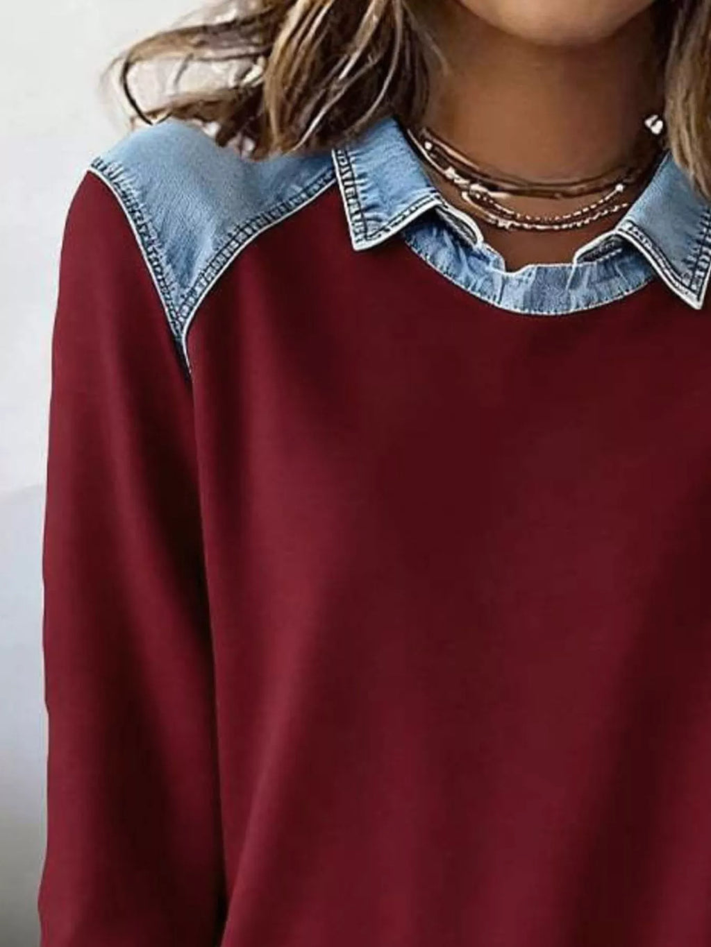 Full Size Denim Trim Long Sleeve Top Plus (12)