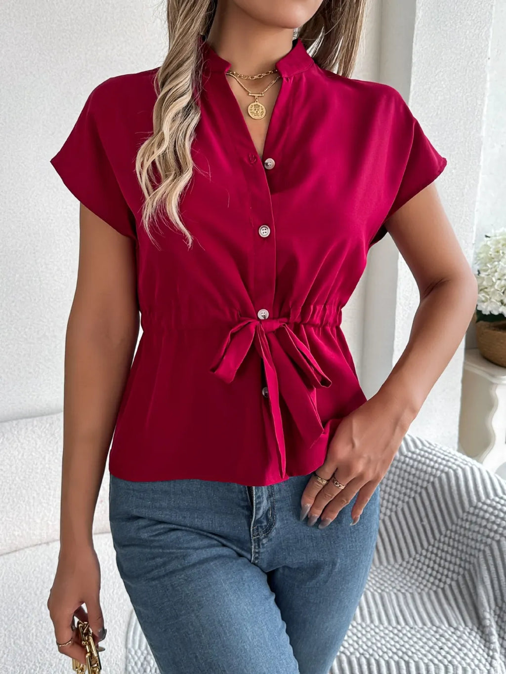 Notched Short Sleeve Blouse (13)